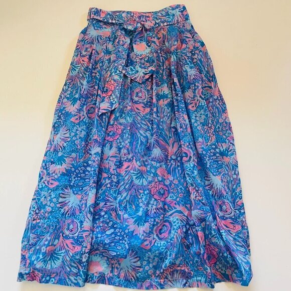 Talbots Tropical Coral Reef Fish Floral Voile Tie Waist Midi Skirt Cotton Summer
